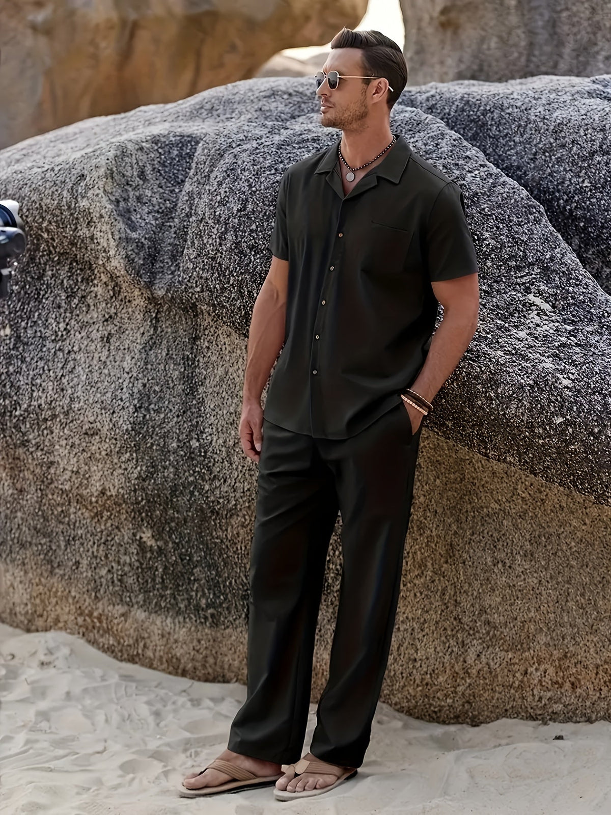 Men’s Solid Color Two-Piece Casual Set – Short Sleeve Lapel Shirt with Drawstring Pants for Relaxed Daily and All-Season Wear