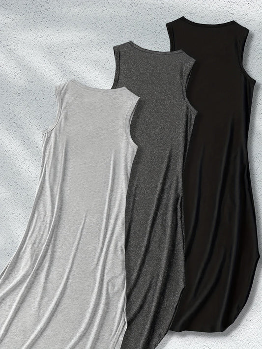 Women’s Sleeveless Maxi Dresses - 3pcs Casual Stretchy Solid Color Outfits, Polyester Blend with Side Slit, Machine Washable, Comfortable and Stylish for All-Season Everyday Wear