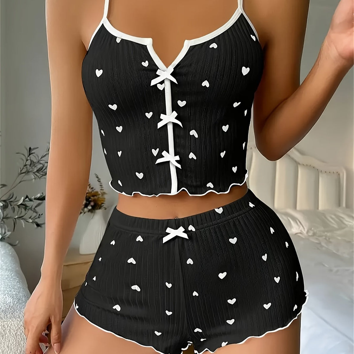 Romantic Heart Print Pajama Set – Ribbed Fabric Cami and Shorts Sleepwear with Frill Trim and Bow Back Detail