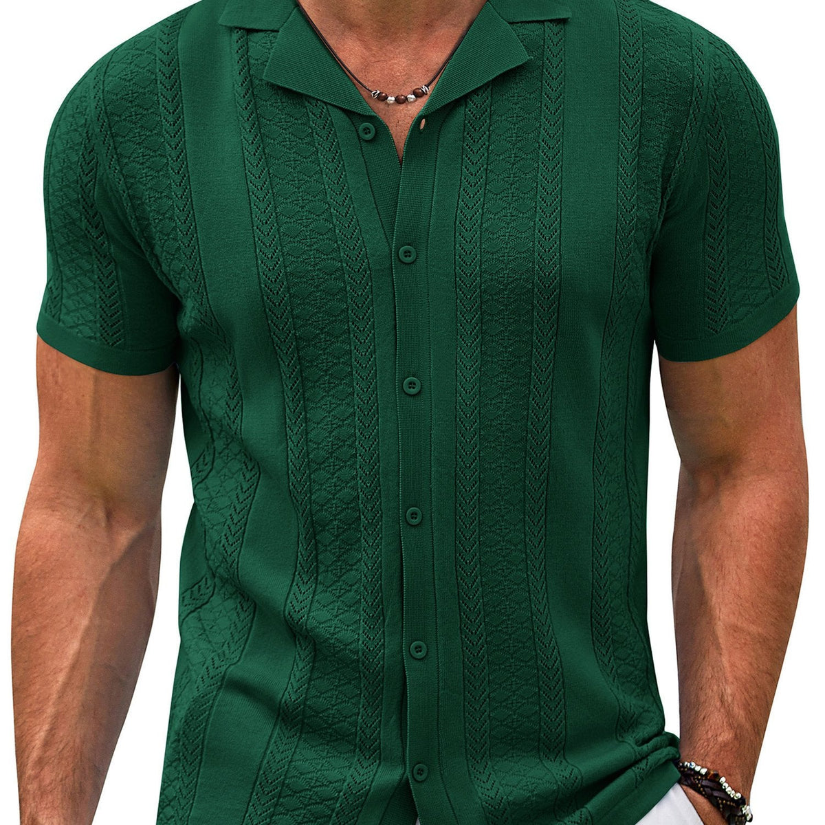 Men’s Vintage Colored Knit Shirt – Short Sleeve Button-Up Summer Top with Breathable Viscose Blend