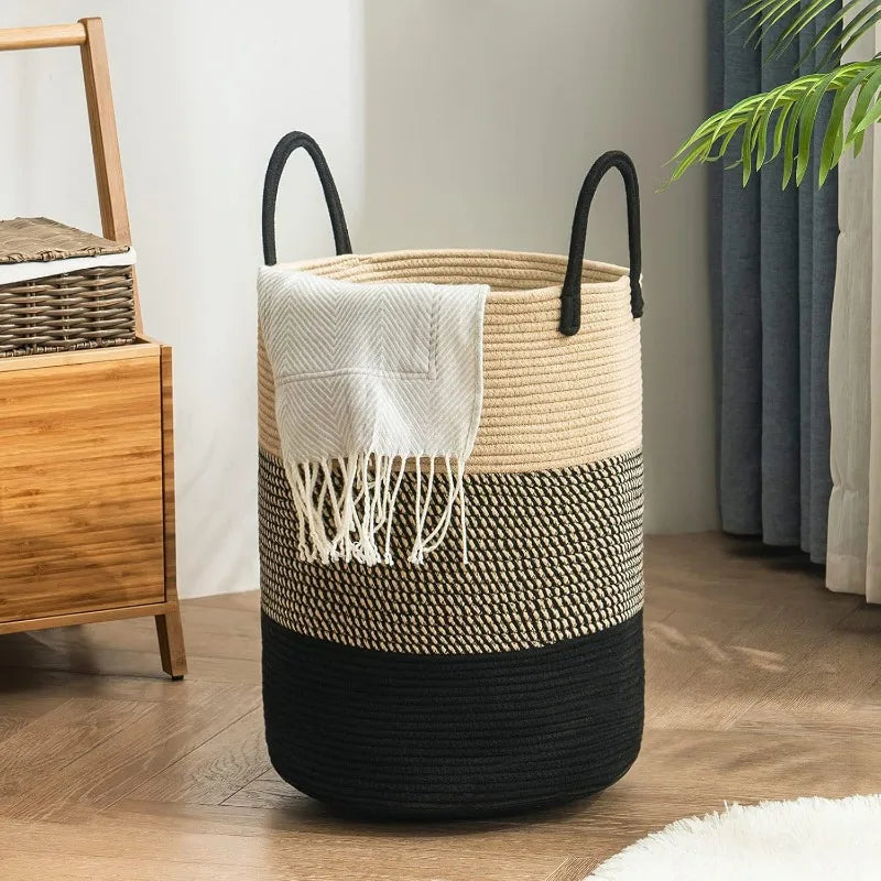 Woven Tall Rope Laundry Hamper – Large 15x20 Inch Dirty Clothes Basket with Handles for Stylish Home or Toy Storage Solution