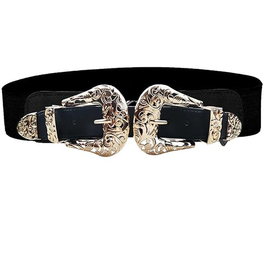 Women’s Vintage Leather Belt – Elastic Gold Metal Buckle Waist Belt for Dresses, Corsets, and Fashion Accessories