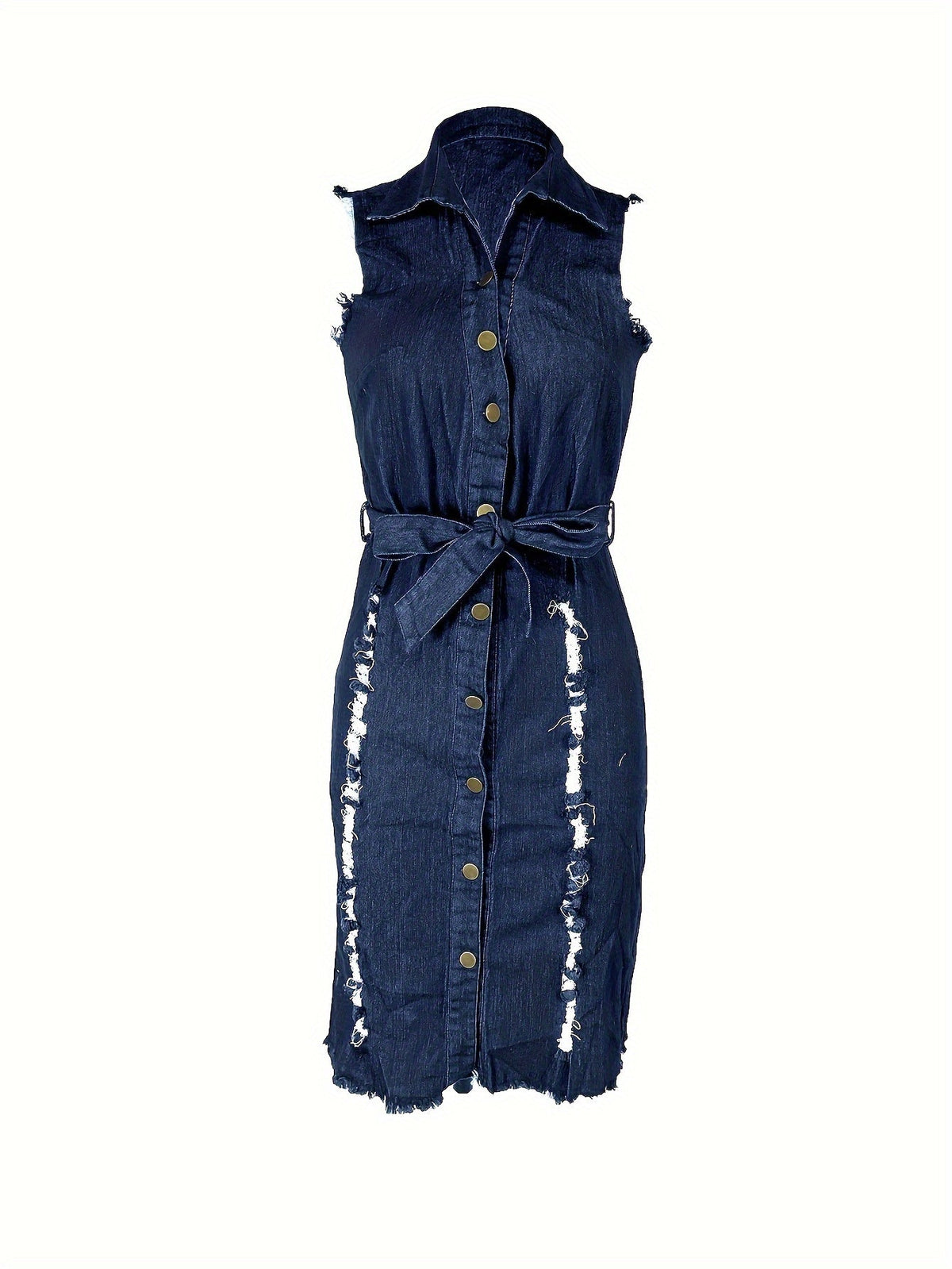 Sleeveless Stretch Denim Dress - Women's Distressed Knee-Length Outfit with Raw Hem, Belt Accent and Easy Machine Wash