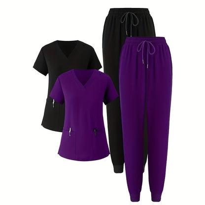 Women’s Nurse Scrub Set – V-Neck Short Sleeve Top and Drawstring Pants with Badge Pockets for Healthcare Professionals