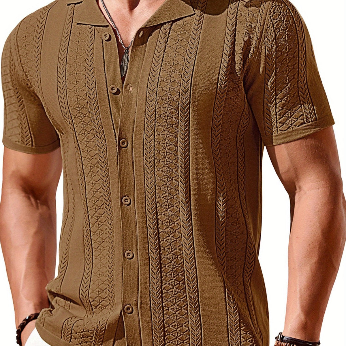 Men’s Vintage Colored Knit Shirt – Short Sleeve Button-Up Summer Top with Breathable Viscose Blend