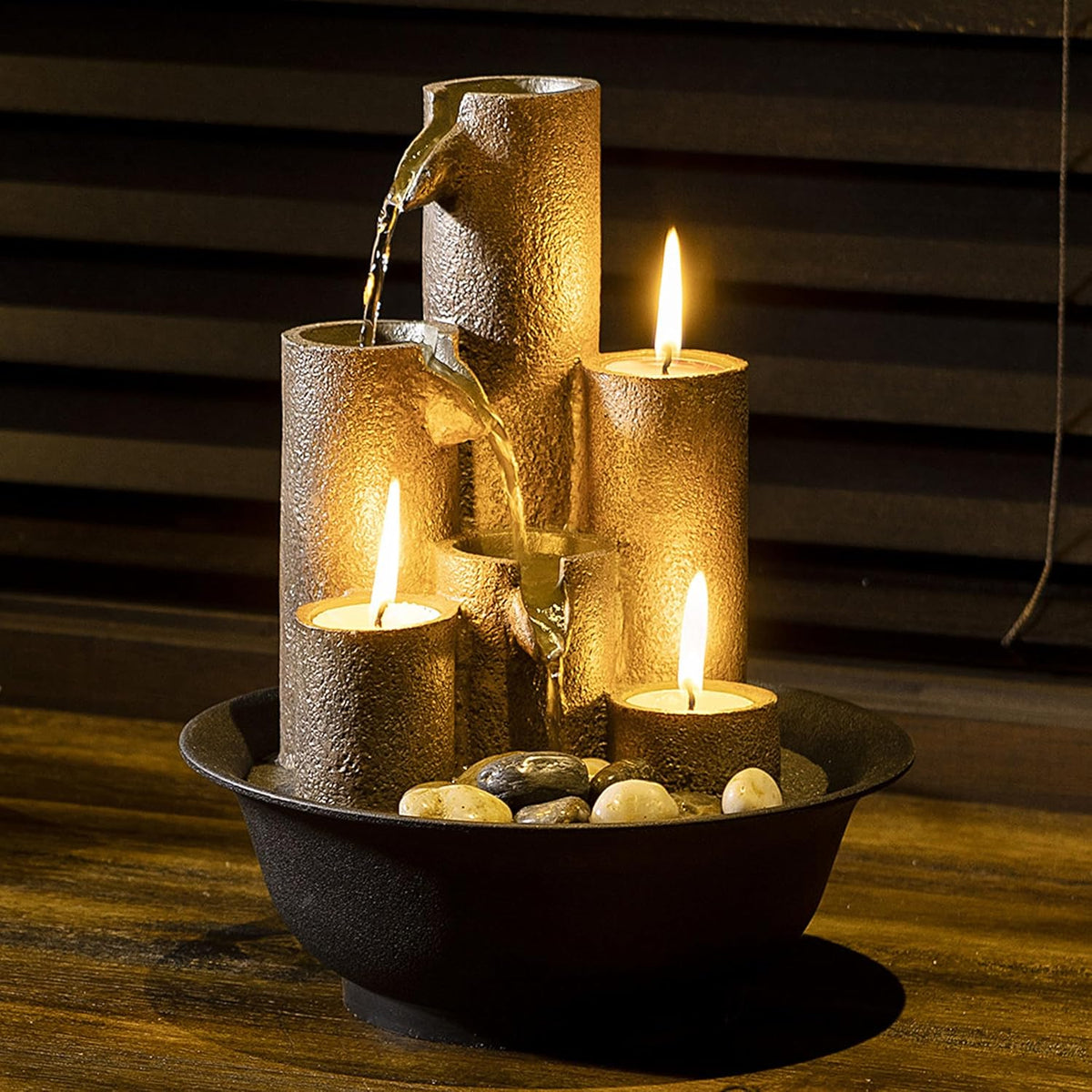 Zen Glow Candle Tabletop Fountain – Tranquil 3-Tier Waterfall with Candlelight for Serenity & Style