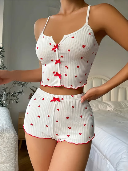 Romantic Heart Print Pajama Set – Ribbed Fabric Cami and Shorts Sleepwear with Frill Trim and Bow Back Detail