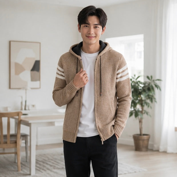 Men's Hooded Knit Cardigan Jacket - Korean Style Winter Sweater Coat with Slim Fit Streetwear Appeal