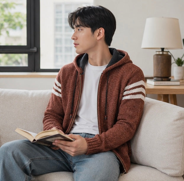 Men's Hooded Knit Cardigan Jacket - Korean Style Winter Sweater Coat with Slim Fit Streetwear Appeal