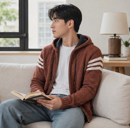 Men's Hooded Knit Cardigan Jacket - Korean Style Winter Sweater Coat with Slim Fit Streetwear Appeal