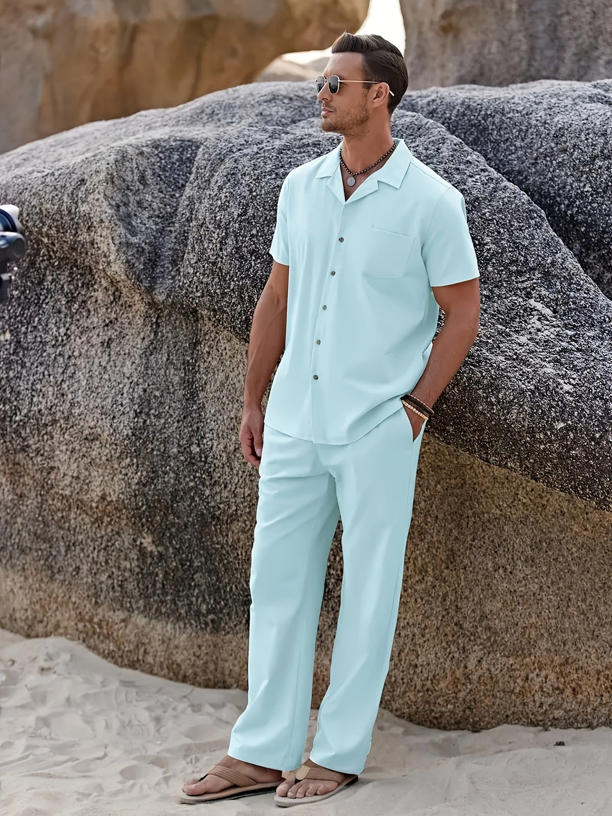 Men’s Solid Color Two-Piece Casual Set – Short Sleeve Lapel Shirt with Drawstring Pants for Relaxed Daily and All-Season Wear