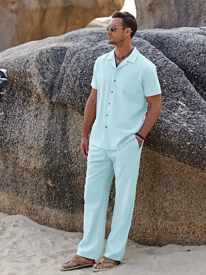 Men’s Solid Color Two-Piece Casual Set – Short Sleeve Lapel Shirt with Drawstring Pants for Relaxed Daily and All-Season Wear