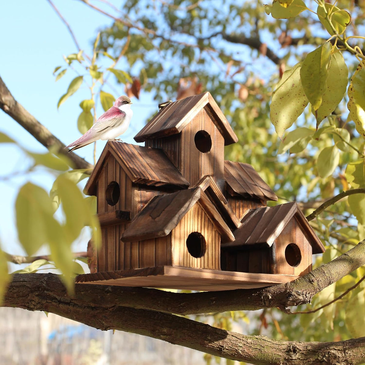 Outdoor Natural Hanging Wooden Bird House – Birdhouse for Hummingbirds and Cardinals, Decorative Garden and Yard Shelter