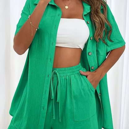 Women’s Two-Piece Summer Outfit – Solid Color Short Sleeve Shirt with Lace-Up Shorts Casual Loose Fashion Set