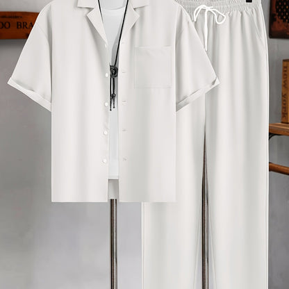 Men’s Solid Color Two-Piece Casual Set – Short Sleeve Lapel Shirt with Drawstring Pants for Relaxed Daily and All-Season Wear