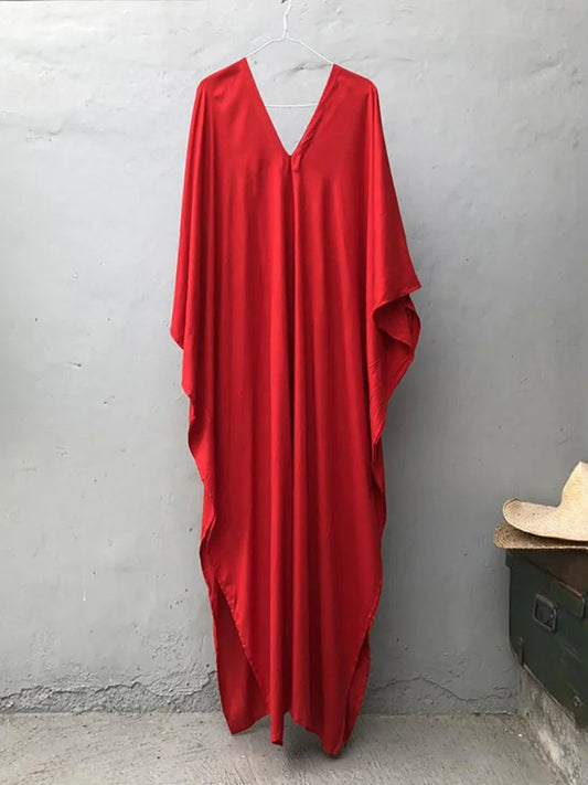 Women's Vintage Bohemian Maxi Dress – Oversized Summer Red Dress with Batwing Sleeves for Chic Beachwear and Casual Relaxed Style