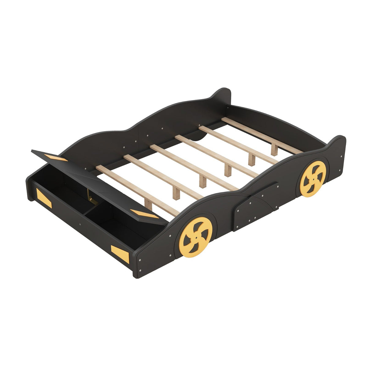 Full Size Race Car-Shaped Platform Bed with Wheels and Storage