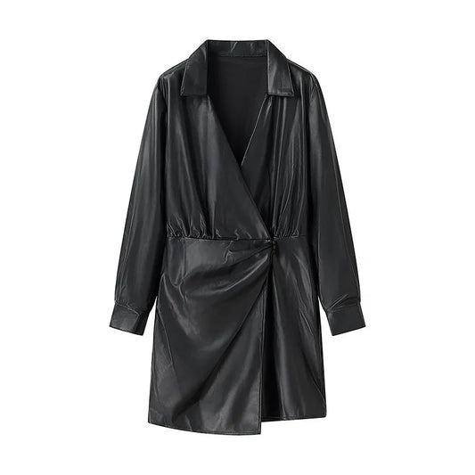 Women’s V-Neck PU Leather Long Sleeve Jumpsuit with Short Skirt – Stylish Party Outfit for Autumn and Winter Fashion