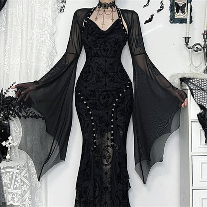 Halloween Gothic Mesh Crop Top for Women – Sexy Batwing Sleeve See-Through Blouse, Vintage Streetwear for Cosplay and Party Fashion