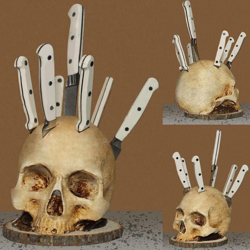 Skull Knife Holder – Unique Skeleton Head Kitchen Storage Rack, Horror Knife Stand and Fruit Rack Halloween Home Decoration