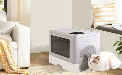 Large Hooded Cat Litter Box Drawer Type – Enclosed Top Entry Anti-Splashing Kitty Toilet with Scoop Grooming Tool.