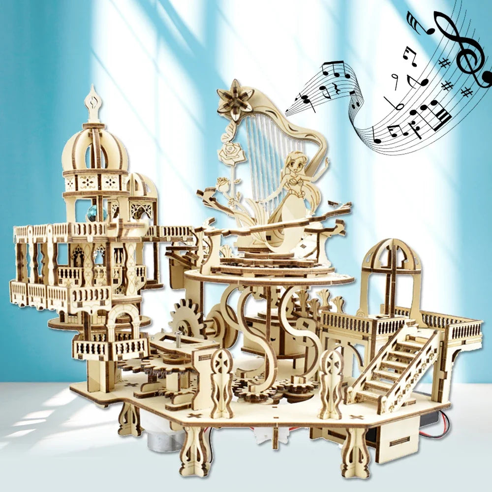 Wooden Puzzle Mystery Island Music Box – DIY 3D Assembly Model Kit with Light for Adults and Kids, Romantic Gift Idea