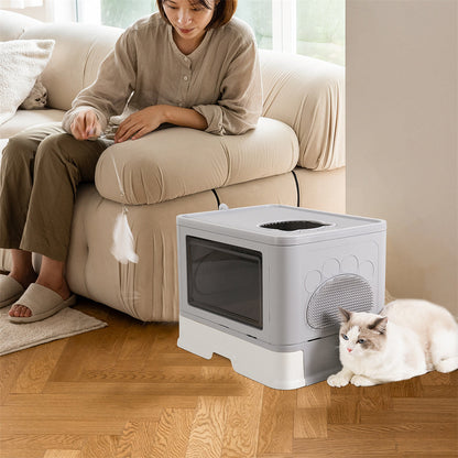 Large Hooded Cat Litter Box Drawer Type – Enclosed Top Entry Anti-Splashing Kitty Toilet with Scoop Grooming Tool.