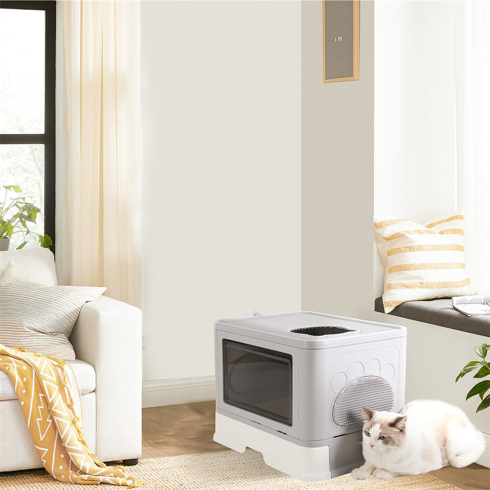 Large Hooded Cat Litter Box Drawer Type – Enclosed Top Entry Anti-Splashing Kitty Toilet with Scoop Grooming Tool.