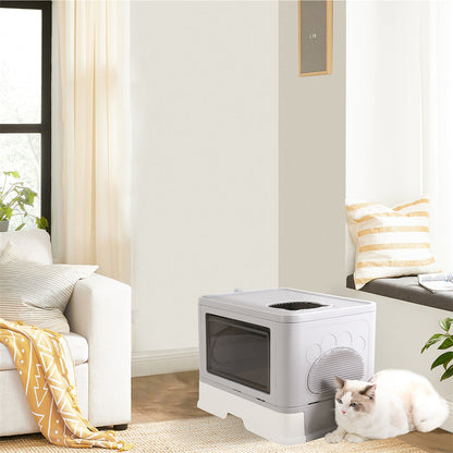 Large Hooded Cat Litter Box Drawer Type – Enclosed Top Entry Anti-Splashing Kitty Toilet with Scoop Grooming Tool.