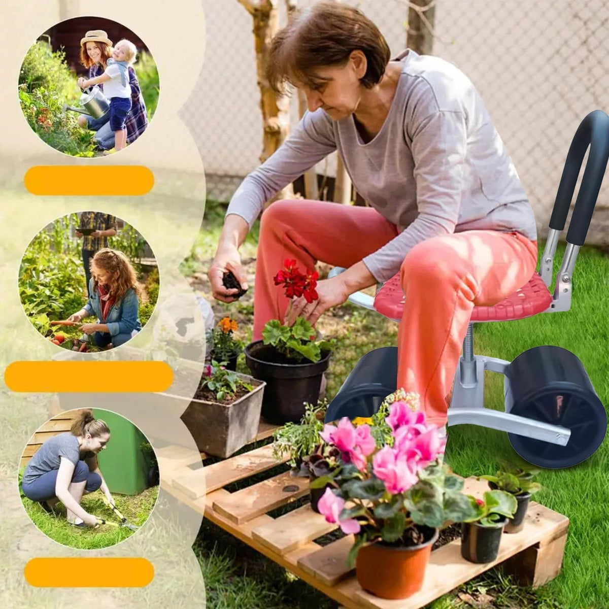 Rolling Garden Work Stool – Rotating Adjustable Mobile Gardening Bench for Planting, Trimming and Greenhouse Work
