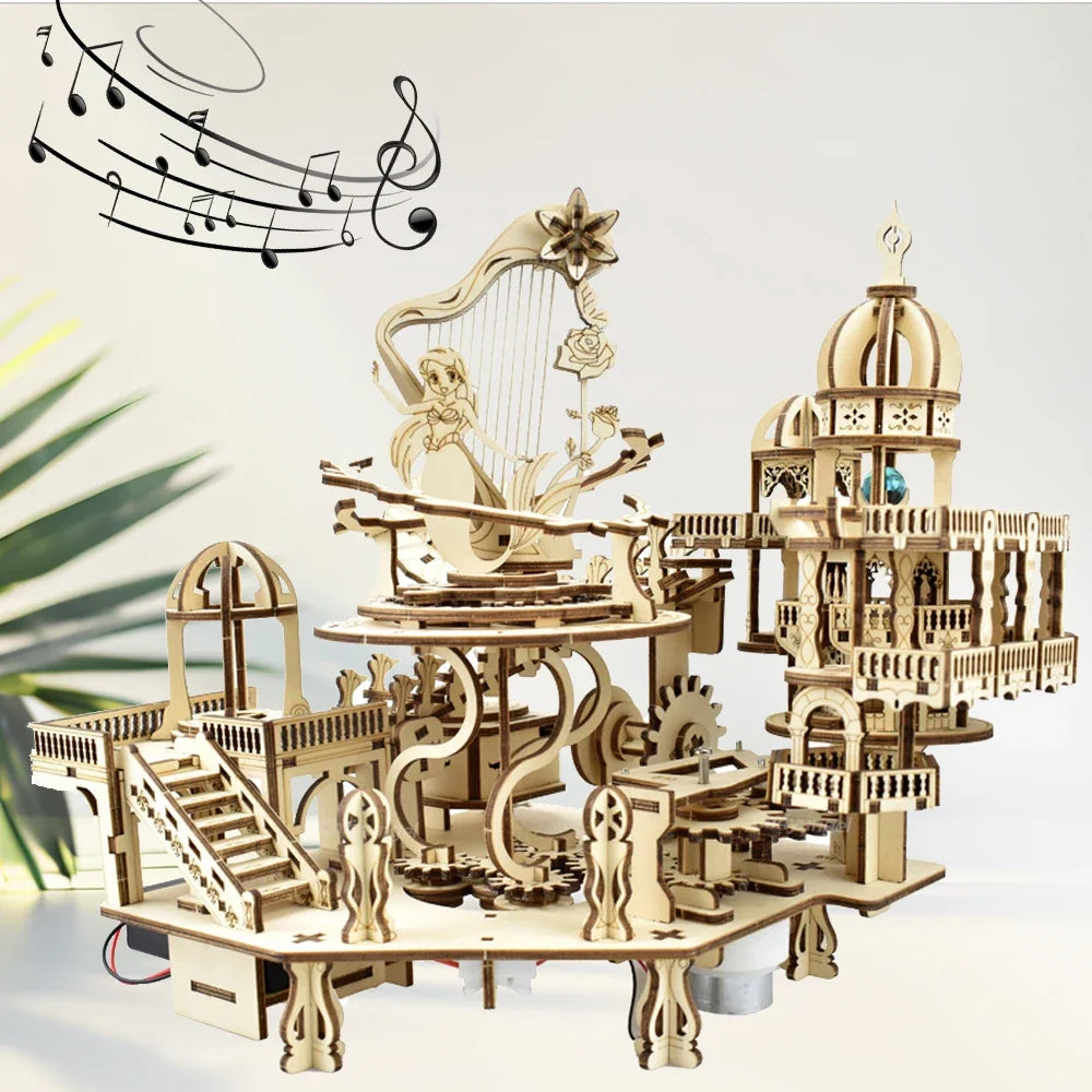 Wooden Puzzle Mystery Island Music Box – DIY 3D Assembly Model Kit with Light for Adults and Kids, Romantic Gift Idea