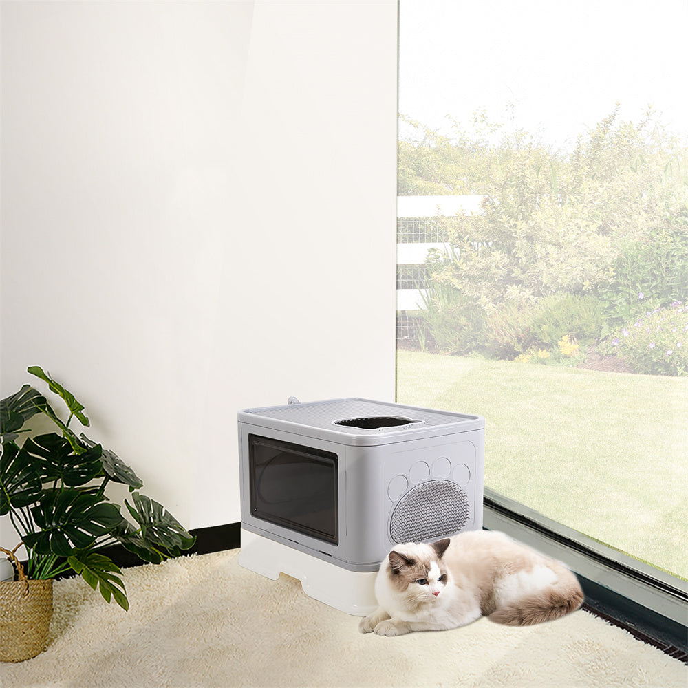 Large Hooded Cat Litter Box Drawer Type – Enclosed Top Entry Anti-Splashing Kitty Toilet with Scoop Grooming Tool.