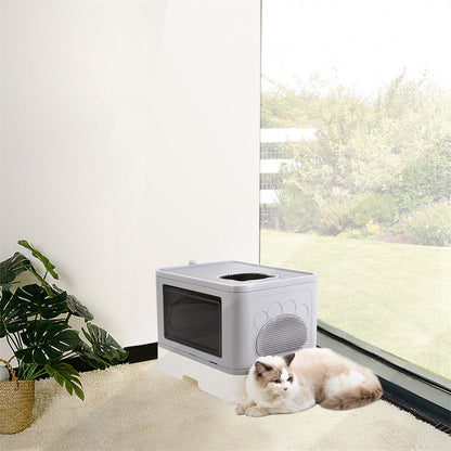 Large Hooded Cat Litter Box Drawer Type – Enclosed Top Entry Anti-Splashing Kitty Toilet with Scoop Grooming Tool.