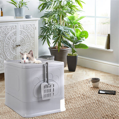 Large Hooded Cat Litter Box Drawer Type – Enclosed Top Entry Anti-Splashing Kitty Toilet with Scoop Grooming Tool.