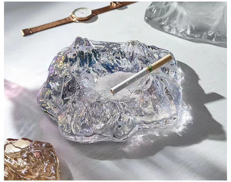 Crystal Glass Ashtray Decor - Creative Snow Mountain Glacier Design for Living Room Office and Luxury Cigar Accessories