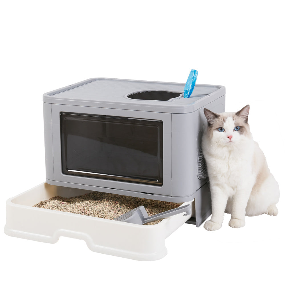Large Hooded Cat Litter Box Drawer Type – Enclosed Top Entry Anti-Splashing Kitty Toilet with Scoop Grooming Tool.