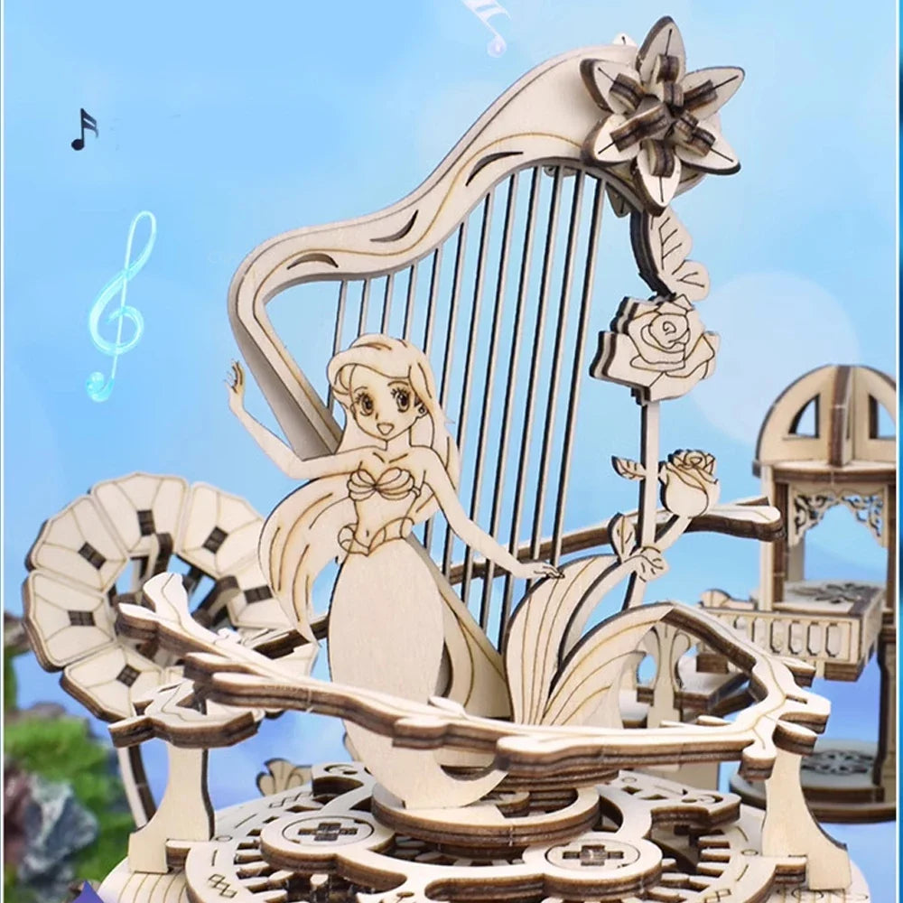 Wooden Puzzle Mystery Island Music Box – DIY 3D Assembly Model Kit with Light for Adults and Kids, Romantic Gift Idea