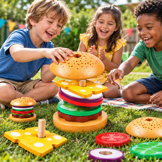 Wooden Burger and Fries Play Set – Pretend Sandwich Fast Food Toy for Kids, Kitchen Roleplay, Imaginative Learning and Creative Play