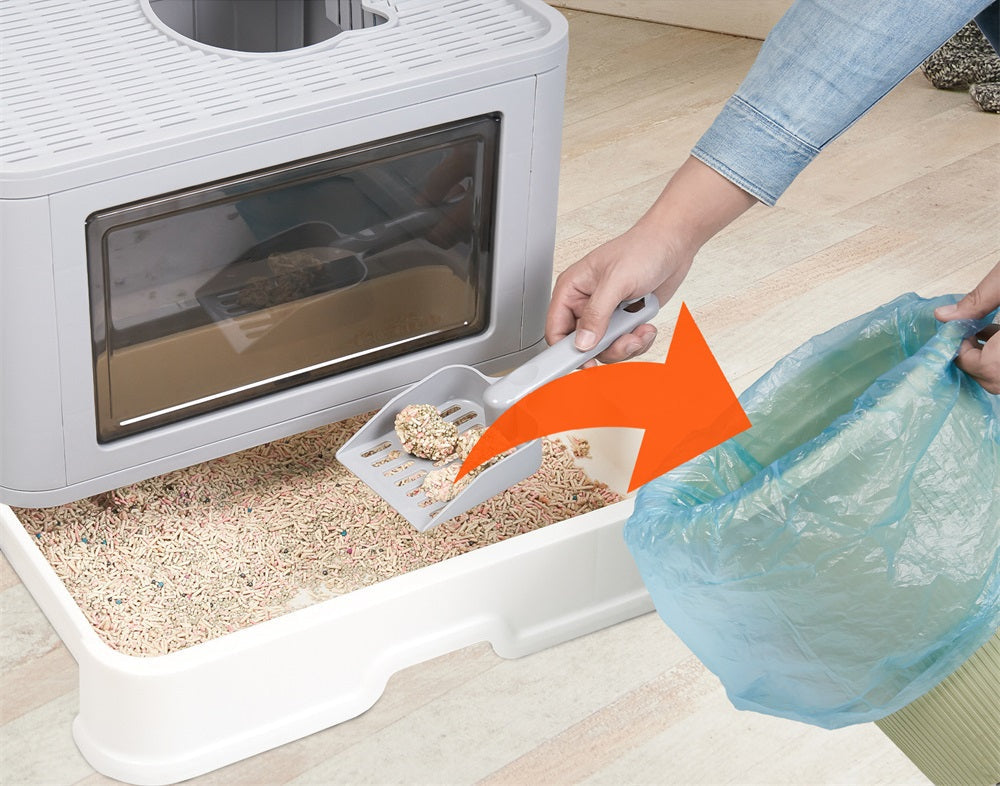 Large Hooded Cat Litter Box Drawer Type – Enclosed Top Entry Anti-Splashing Kitty Toilet with Scoop Grooming Tool.