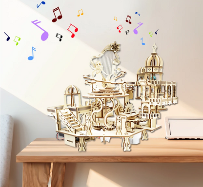 Wooden Puzzle Mystery Island Music Box – DIY 3D Assembly Model Kit with Light for Adults and Kids, Romantic Gift Idea