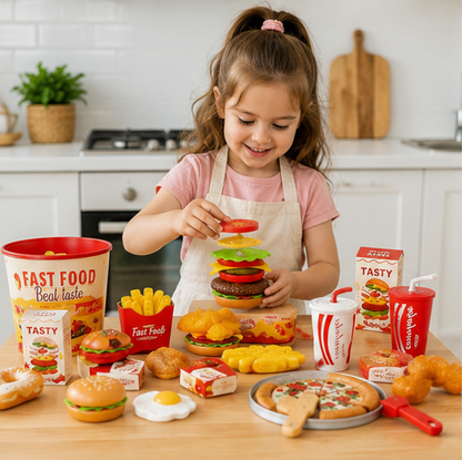 Kids Kitchen Play Food Set - Pretend Cooking Toy with Burgers, Pizza and Interactive Montessori Learning Fun