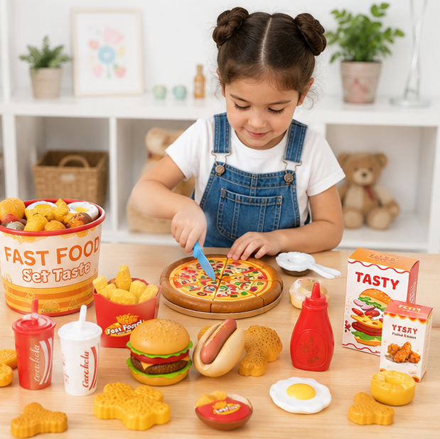 Kids Kitchen Play Food Set - Pretend Cooking Toy with Burgers, Pizza and Interactive Montessori Learning Fun