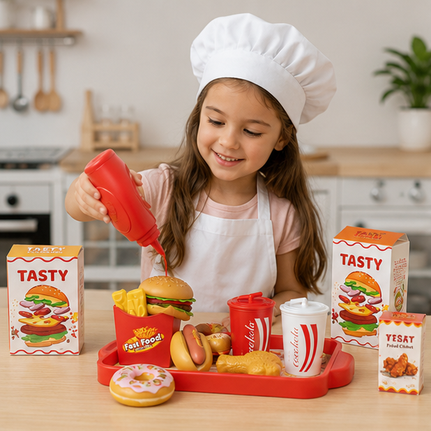 Kids Kitchen Play Food Set - Pretend Cooking Toy with Burgers, Pizza and Interactive Montessori Learning Fun