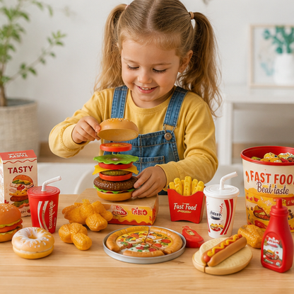Kids Kitchen Play Food Set - Pretend Cooking Toy with Burgers, Pizza and Interactive Montessori Learning Fun
