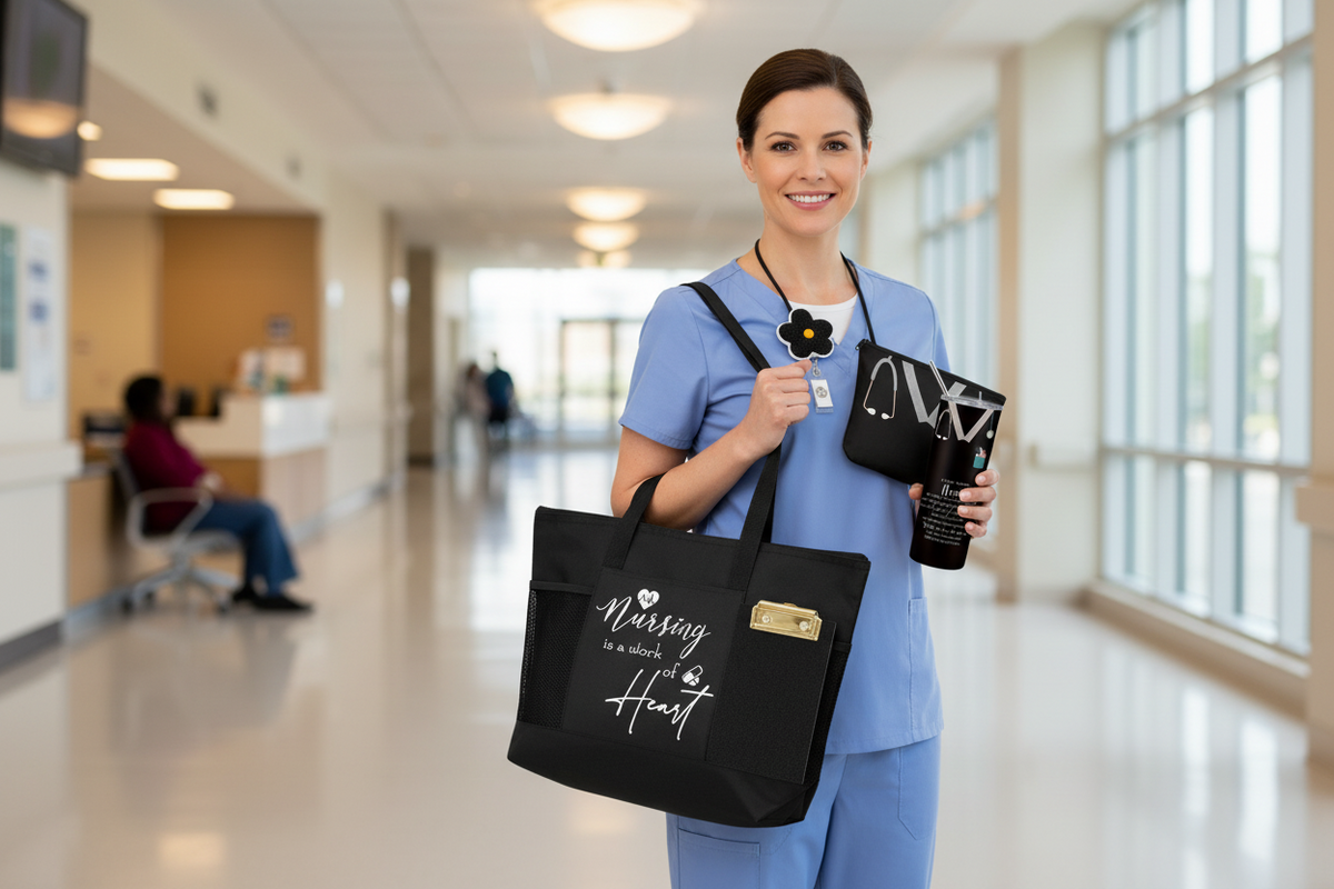 Nurse Appreciation Gift Set – Tumbler, Tote Bag, Makeup Pouch, Clipboard and Badge Reel Nursing Gift Pack