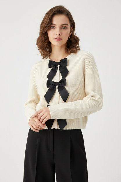Women's Bow Knit Cardigan - Single Breasted Long Sleeve Sweater for Autumn Fashion and Everyday Elegance