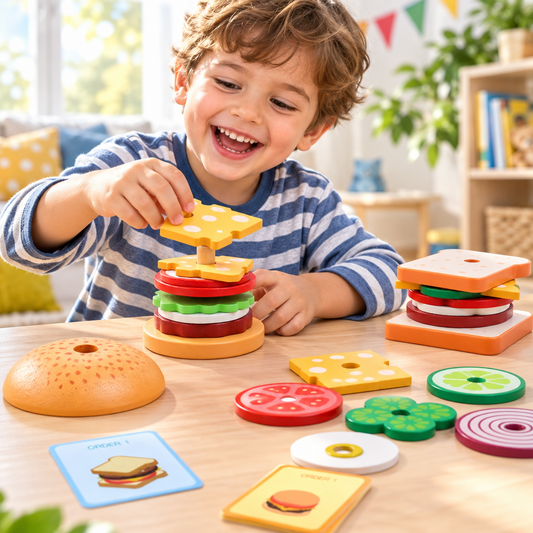 Wooden Burger and Fries Play Set – Pretend Sandwich Fast Food Toy for Kids, Kitchen Roleplay, Imaginative Learning and Creative Play