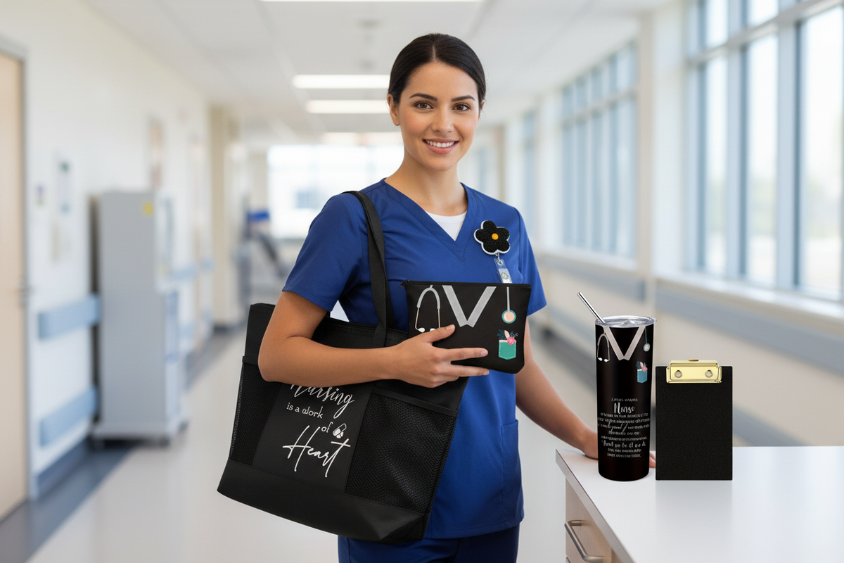Nurse Appreciation Gift Set – Tumbler, Tote Bag, Makeup Pouch, Clipboard and Badge Reel Nursing Gift Pack