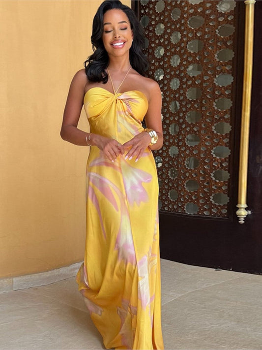 Yellow Halter Neck Maxi Sleeveless Dress - Beach Vacation Dress for Women, Elegant Summer Party Outfit with Flowing Design