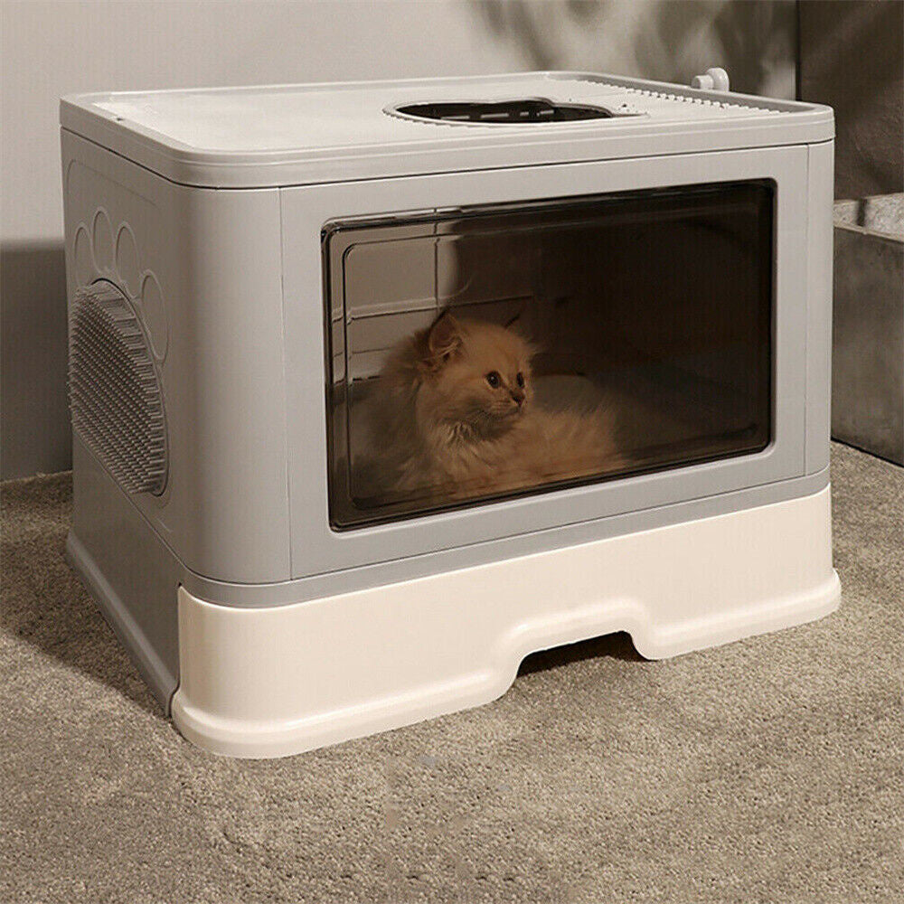 Large Hooded Cat Litter Box Drawer Type – Enclosed Top Entry Anti-Splashing Kitty Toilet with Scoop Grooming Tool.